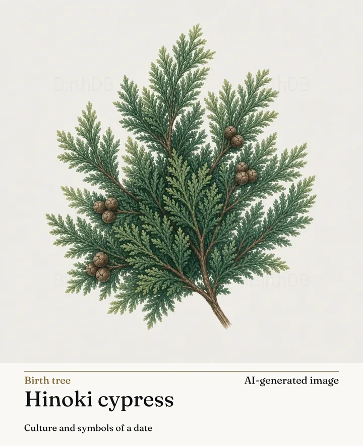 Hinoki cypress — BirthDB symbolic illustration (AI-generated image)