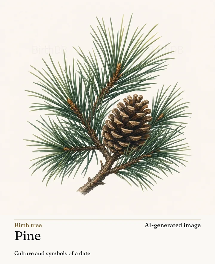 Pine — BirthDB symbolic illustration (AI-generated image)