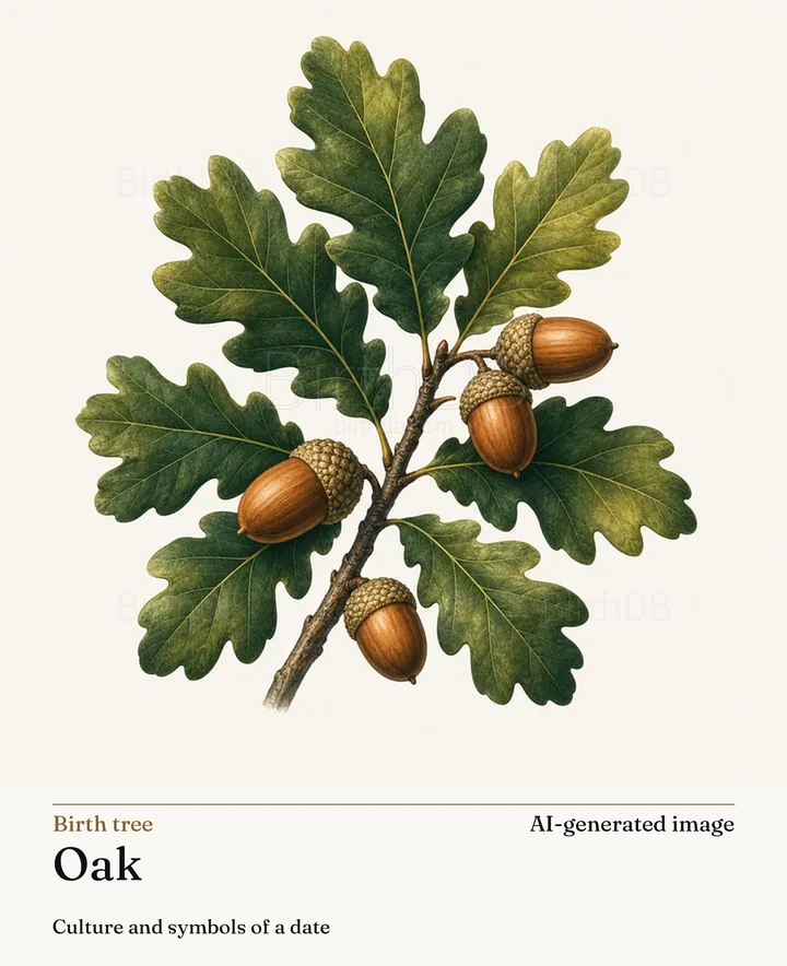 Oak — BirthDB symbolic illustration (AI-generated image)