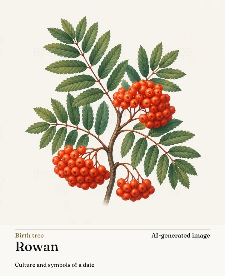 Rowan — BirthDB symbolic illustration (AI-generated image)