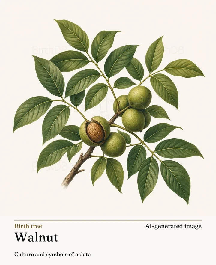 Walnut — BirthDB symbolic illustration (AI-generated image)