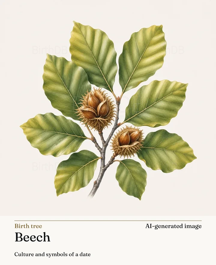Beech — BirthDB symbolic illustration (AI-generated image)